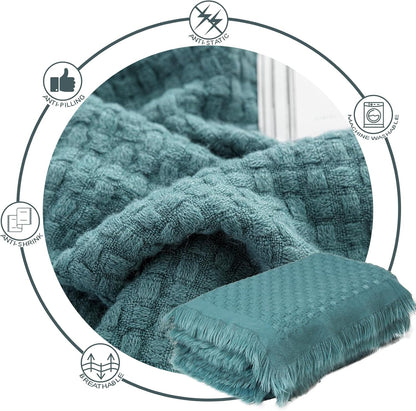 lifein Fall Throw Blanket for Couch, Soft Boho Knitted Teal Waffle Throw, Lightweight Blanket for Autumn Home Decor