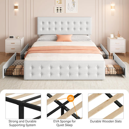 IDEALHOUSE King Size Bed Frame with 4 Storage Drawers and Headboard, Faux Leather Upholstered Platform Bed Frame with Wooden Slats Support, Button Tufted Design, No Box Spring Needed, White