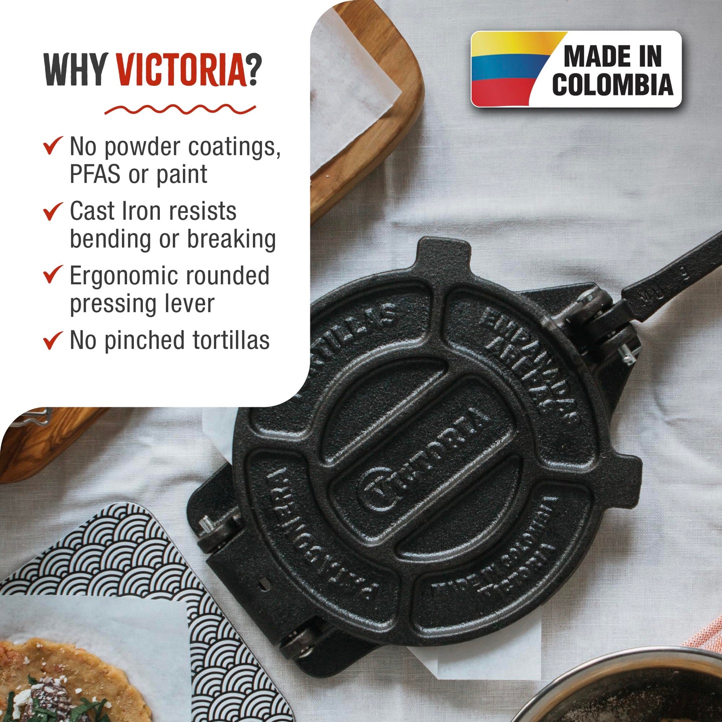 Victoria 8 Inches Cast Iron Tortilla Press, Roti Maker and Tortilladora, Pataconera Seasoned with Flaxseed Oil, Made in Colombia, Traditional Style, Black