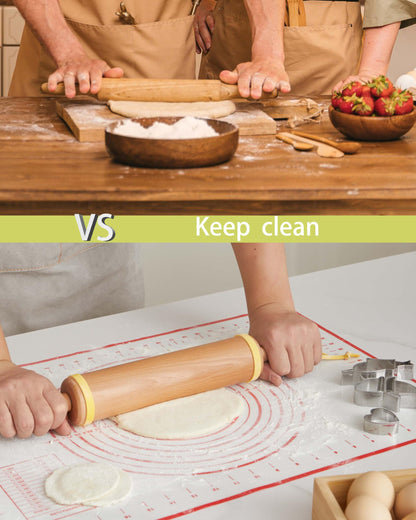 Classic Wood Rolling Pin, 17" Rolling Pins for Baking with Silicone Mat and Adjustable Thickness Rings, Pasta Roller with Wood Base, Fondant Roller for Pie Crust, Cookies, Pizza Dough and Bread