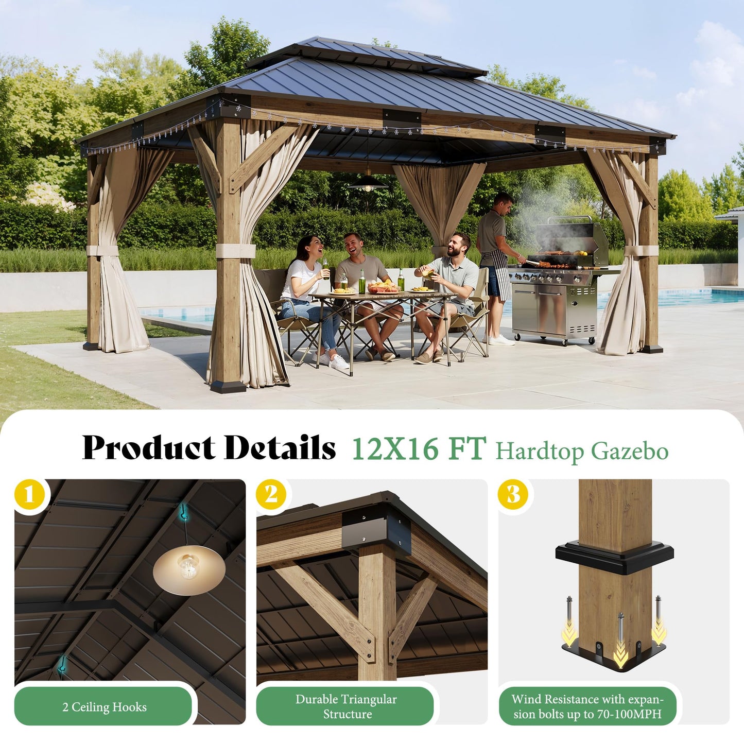 AMERLIFE 12' x 16' Heavy Duty Hardtop Gazebo with Double Metal Roof, Wood Gazebo with Privacy Curtains & Mosquito Netting, Outdoor Pavilion for Backyard, Garden & Patio, Brown