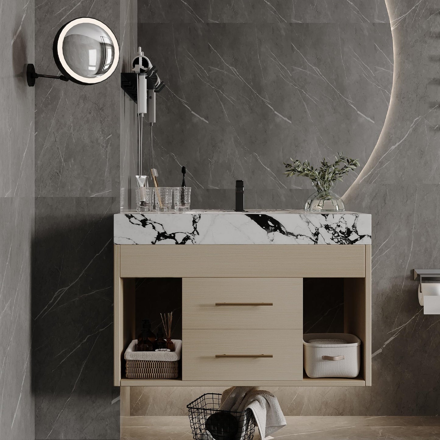 KEIKI 29.9" Bathroom Vanity with Undermount Sink Combo, Modern Floating Vanity Cabinet with 2 Drawers & Open Side Shelves, Storage Wall Mounted Cabinet for Small Space, Apricot‌ Marbe