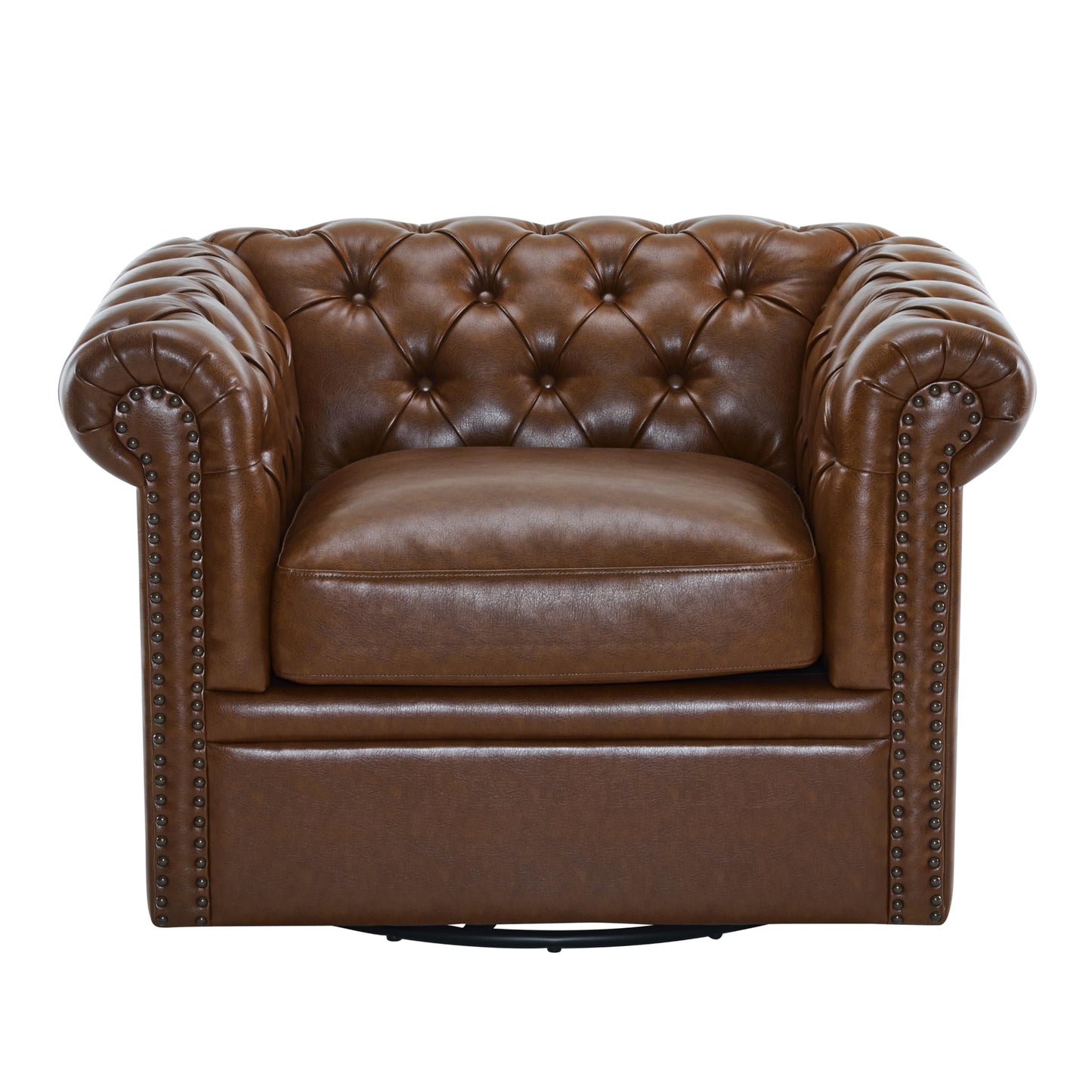 Christopher Knight Home Oakley Chesterfield Faux Leather Upholstered Club Chair, Button-Tufted 360° Swivel Sofa, Scrolled Arm Living Room Sofa, No Assembly Required Furniture, Dark Brown