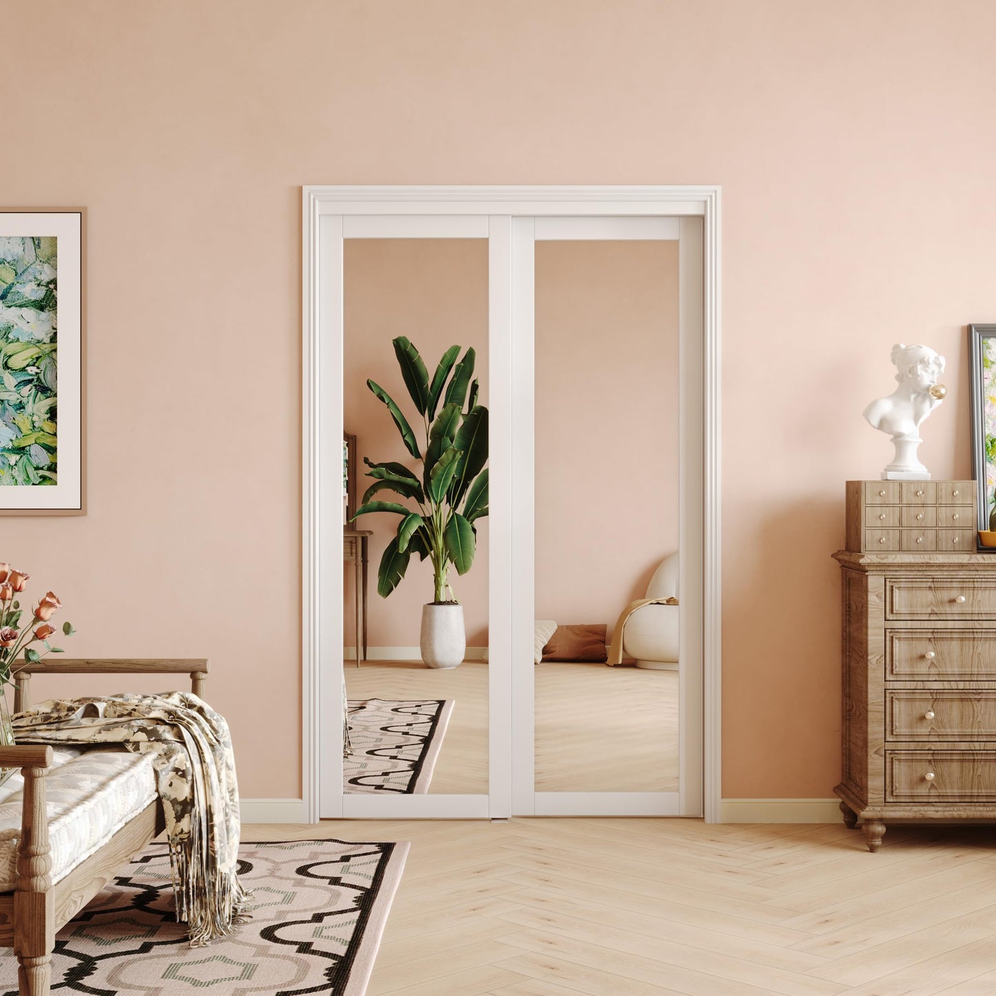 SOLRIG Closet Doors, 60"(Double 30.98") x 80" Mirror Closet Doors,1-Lite Mirror Sliding Door with Hardware Track Kit & Floor Guide, Finished Doors 2 Panels, MDF, White