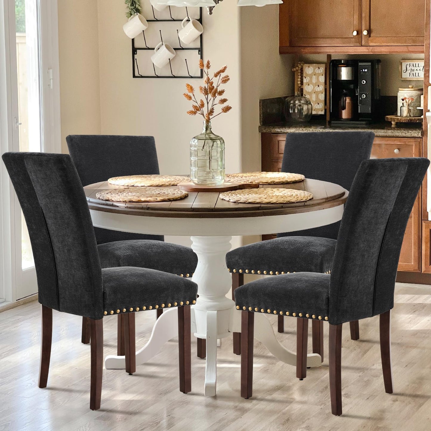 COLAMY Upholstered Parsons Dining Chairs Set of 4, Fabric Dining Room Kitchen Side Chair with Nailhead Trim and Wood Legs - F-Black