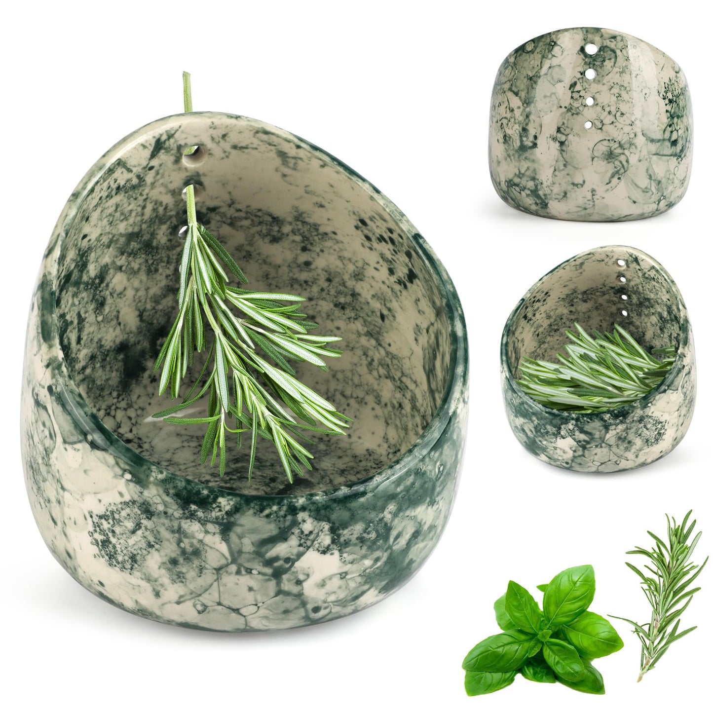 MOCCOOL Ceramic Herb Stripper Bowl with Multi-Size Holes, Pottery Leaf Stripper Tool for Rosemary, Thyme and Kale, Green Decorative Kitchen Gadget, 5.2 Inch