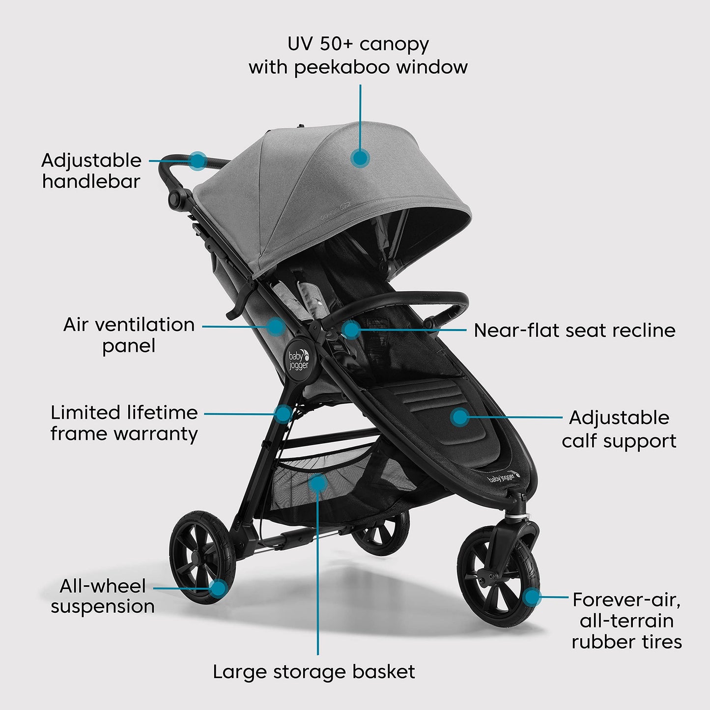 Baby Jogger® City Mini GT2 All-Terrain Lightweight Stroller, Forever Air Tires, One-Hand Fold, All-Wheel Suspension, Baby Stroller with Belly Bar, Leatherette Handlebar, Amazon Exclusive Pike Fashion