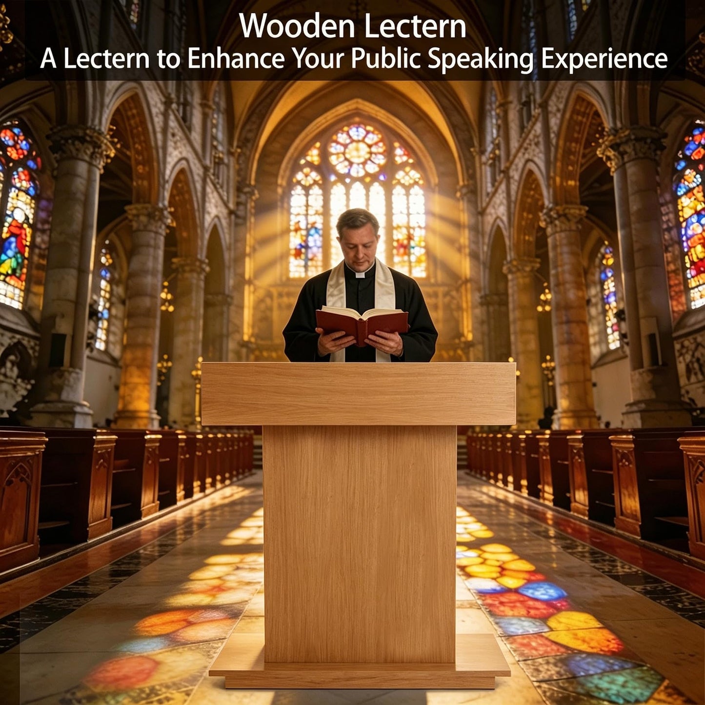 Portable Podium Stand with Lockable Wheels - Mobile Lectern for Church, Office, School, Conference & Restaurant - Includes Storage Compartment - Natural Finish