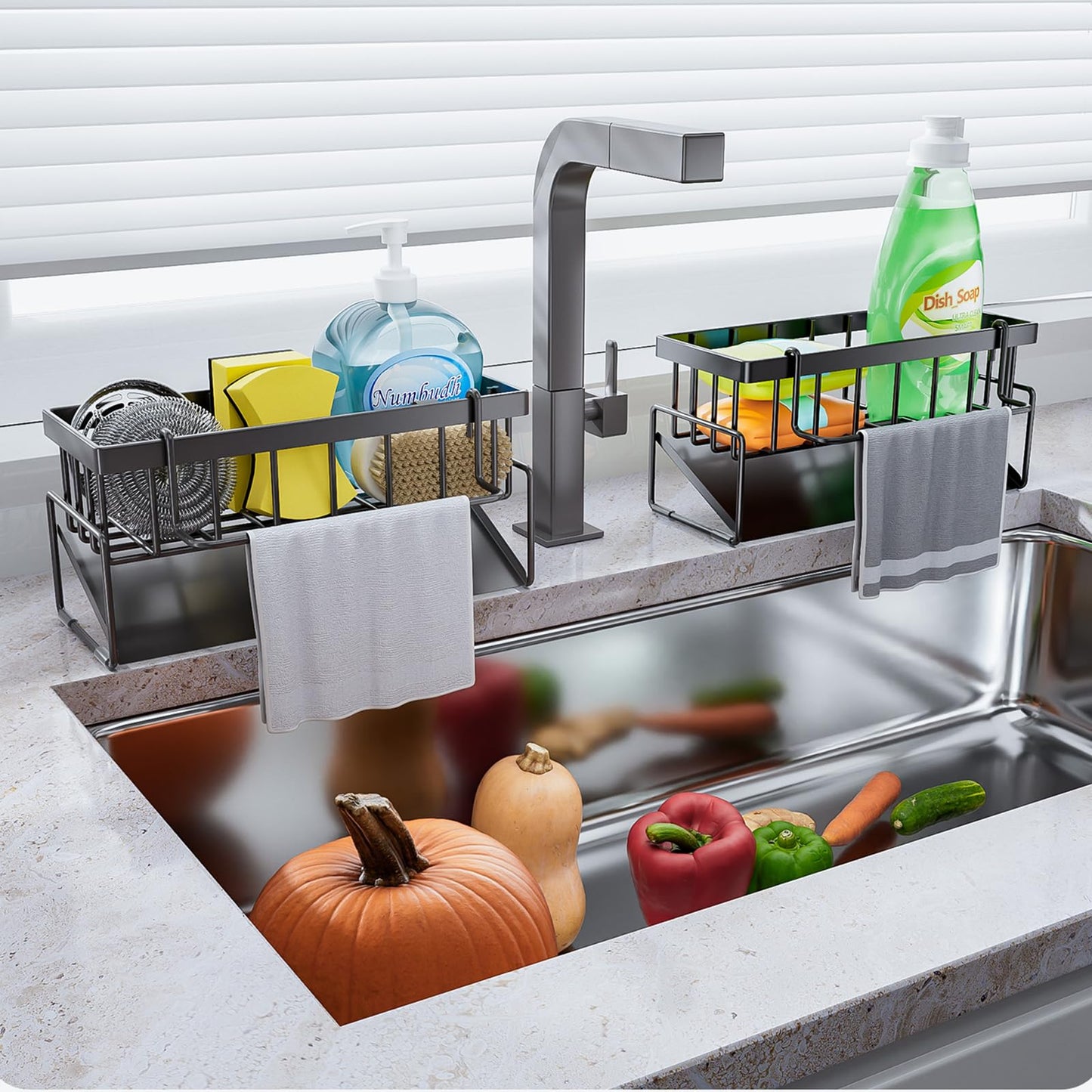 BREIS Kitchen Sink Caddy Organizer with Rag Holder,Self-Draining Sponge Holder for Countertop Soap Dispenser Organizers and Storage Essentials,Kitchen Decor and Accessories
