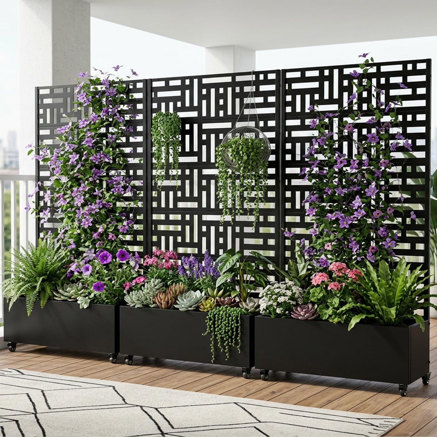 Wooakway Raised Garden Bed with Trellis, 72" H x 47" W Metal Planter Box with Privacy Screen and Wheels, 52 Gal Large Outdoor Mobile Planter for Patio, Balcony, Backyard, Climbing Plants, Black