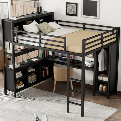 Queen Loft Bed Frame with Wardrobe and Storage Cubes, Queen Size Loft Bed with Desk and Storage Shelf, Heavy Duty Loft Beds with Guardrail, Noise Free Design, Adult Loft Bed Frame, Black