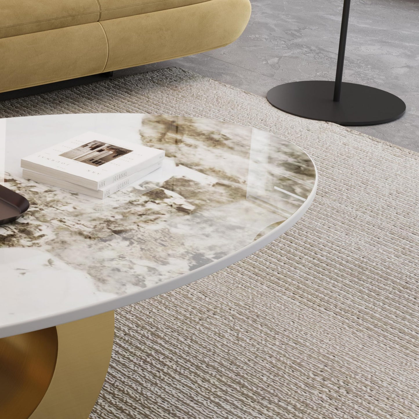 KEIKI 49.2" Modern Sintered Stone Coffee Table with Faux Marble Top & Stainless Steel O-Shaped Base, 15.6" Low Profile Industrial Center Table for Living Room, Contemporary Accent Table, White Gold