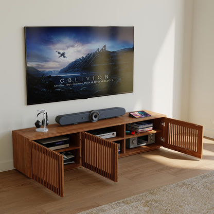 POVISON Full Assembled Mid Century Modern TV Stand, Wood Slatted Media Console for 65 inch TV, Entertainment Center with Storage for Living Room, Low Cabinet with Removable Shelves