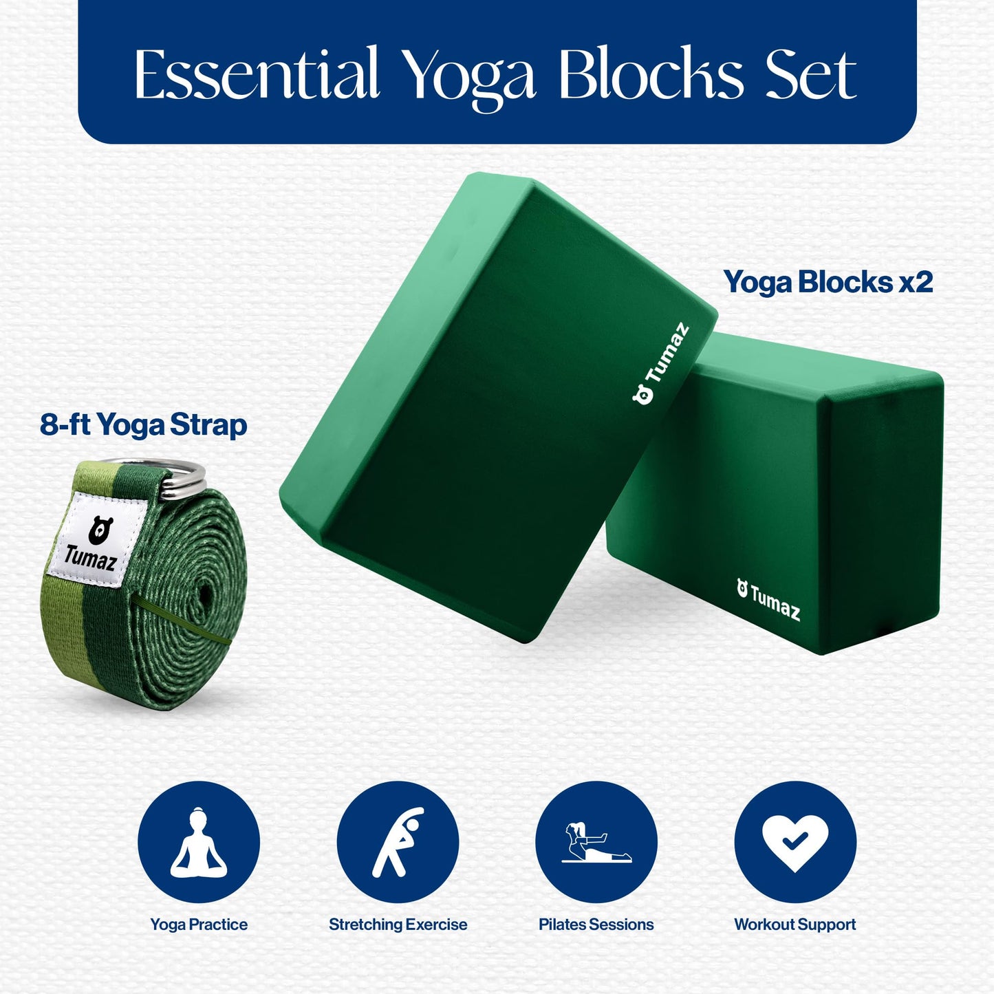 Tumaz Non-Slip Yoga Blocks 2-Pack - High Density/Lightweight EVA Foam & Natural Cork for Stability, Premium Set with E-Book Included