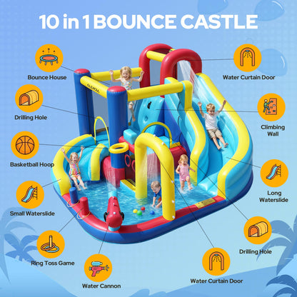 ELEMARA 10 in 1 Inflatable Water Slide Bounce House, Inflatable Bounce House with Blower, Dual Slides & Climbing Walls & Ring-toss Game & 2 Water Guns, Splash Pool, Blow up Water Slide with Blower