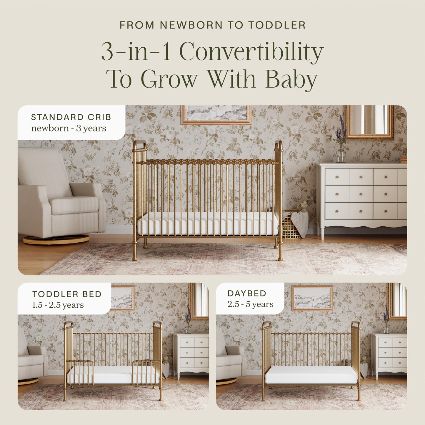 Namesake Abigail 3-in-1 Convertible Baby Crib (Gold) - GREENGUARD Gold Certified - Convertible Crib to Toddler Bed and Daybed - Baby Bed w/ 4 Adjustable Heights - Vintage Baby Crib Convertible