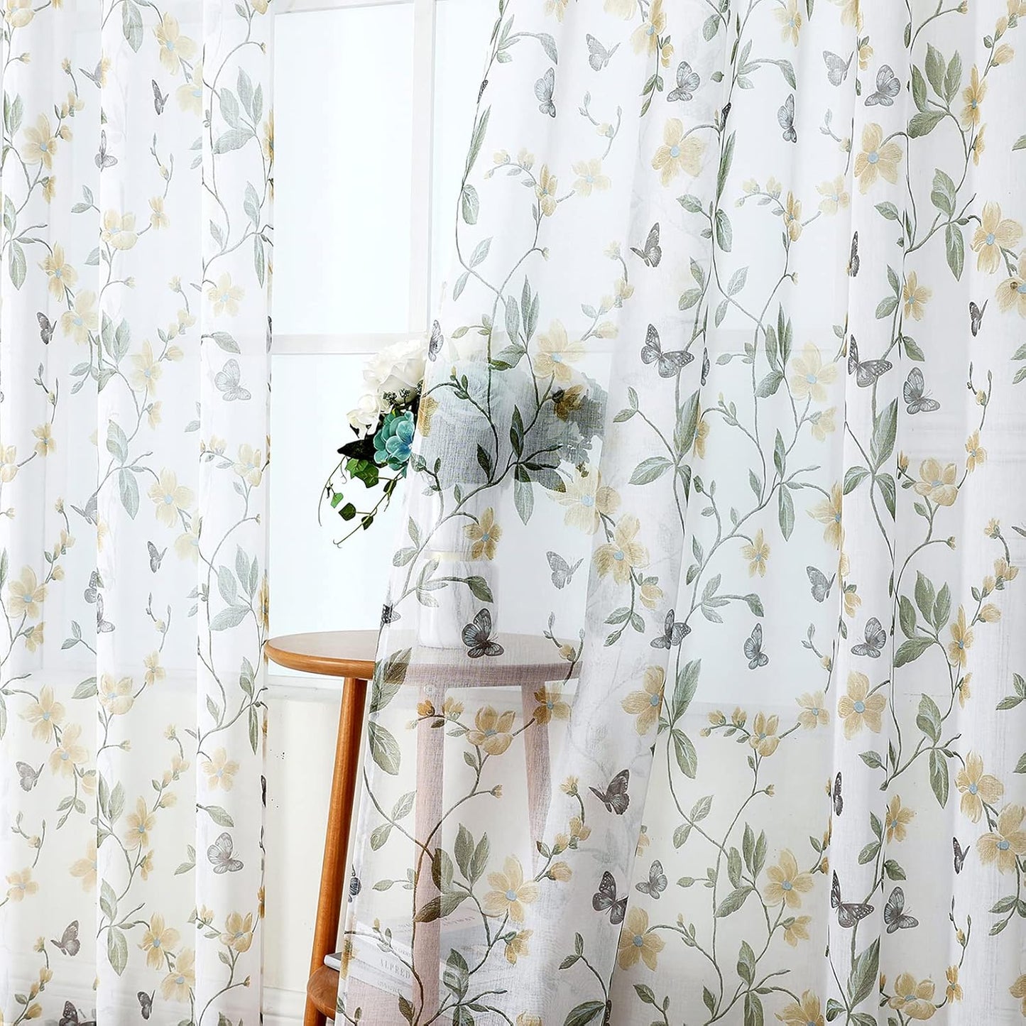 Tollpiz Short Sheer Floral Tier Curtains, Yellow Flower Butterfly Printed Kitchen Voile Curtains, Set of 2 Panels