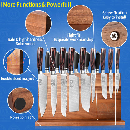 XYJ Extra Large Magnetic Knife Block Acacia Wood Knife Set Holder Stand With Stronge Magnetic Strip Kitchen Knives Storage Rack Organizer Tools No Drilling
