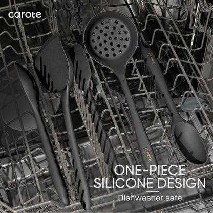CAROTE Kitchen Utensil Set for Nonstick Cookware - 446°F Heat Resistant Silicone Cooking Utensils Set 10pcs, Dark Grey, Oderless Spatula, Turner