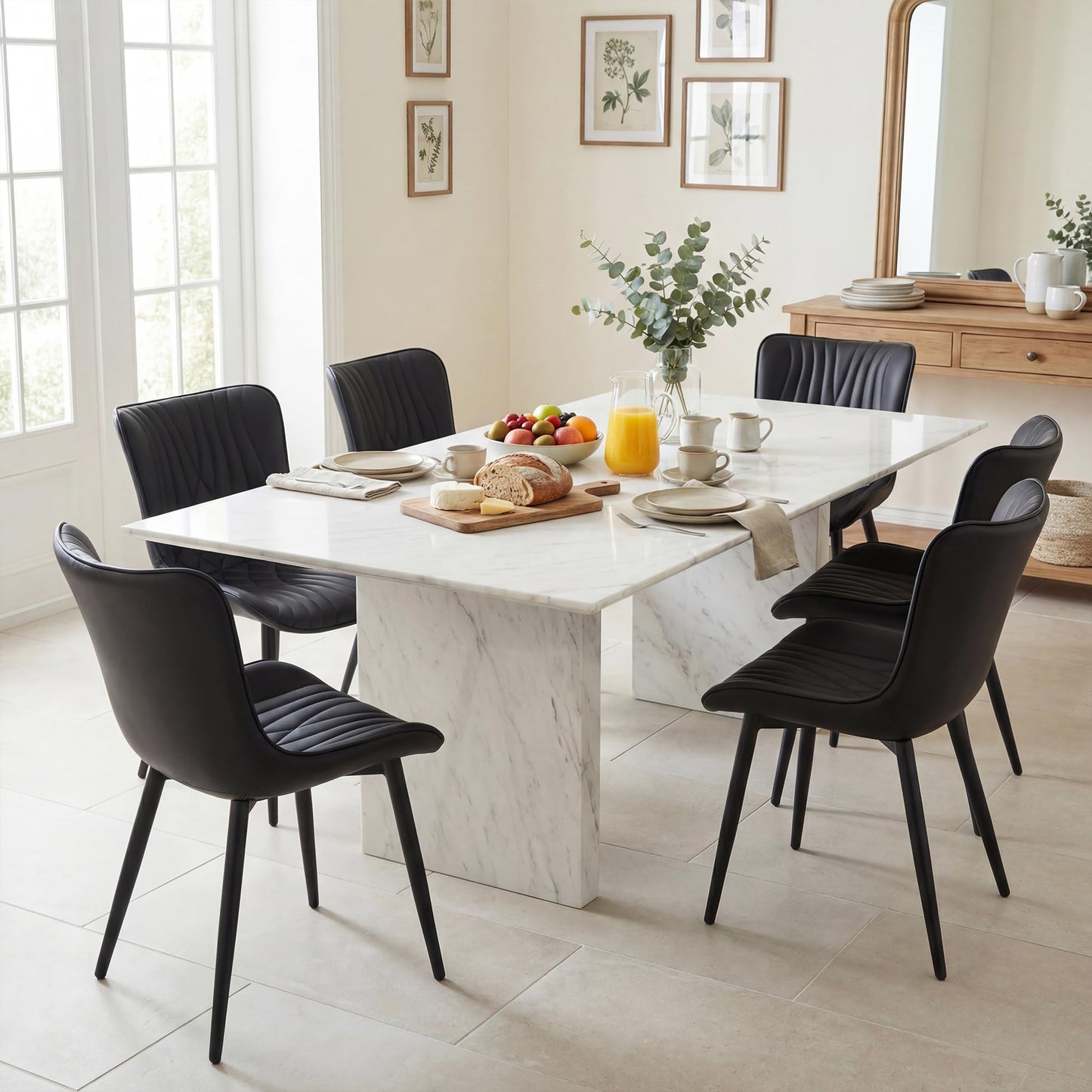 YOUTASTE Black Dining Chairs Set of 2 Mid Century Modern Kitchen&Dining Room Chairs Armless Upholstered Faux Leather Accent Chairs with Back Metal Vanity Lounge Side Chair for Living Room Bedroom