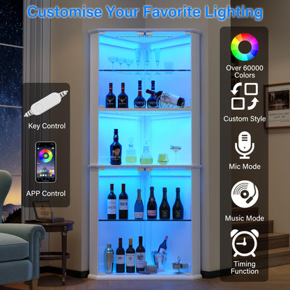 kepptory 71.6" Corner Display Cabinet with LED Lights, 5-Tier Tall Curio Cabinet with Adjustable Glass Shelves&Glass Door, Wine Cabinet for Living Room, Home Bar (White, 25.2''x21.6''x71.6'')