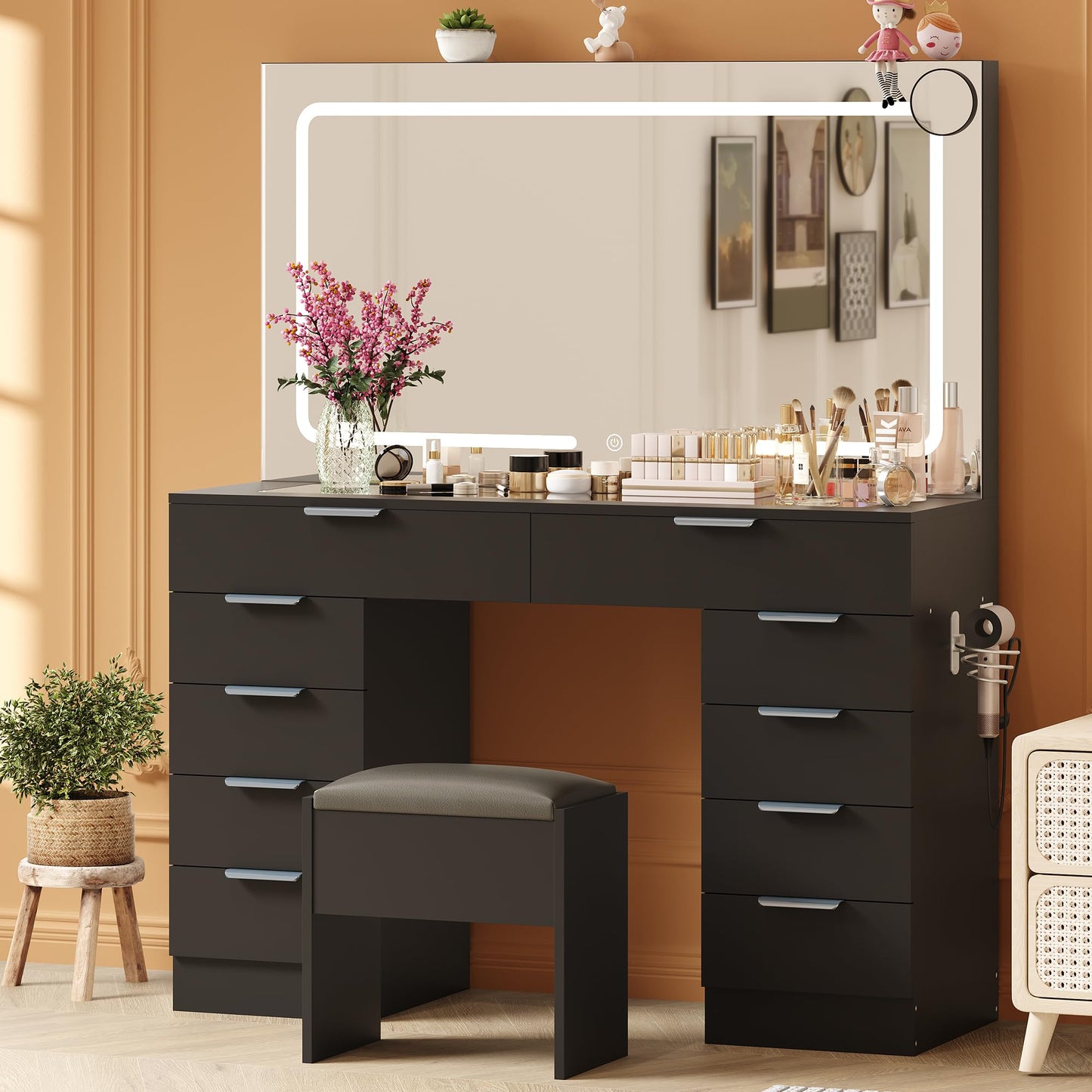 IDEALHOUSE Large Vanity Desk with Mirror, Clear Glass Top, Stool, LED Lights and Power Outlet, 45'' Width Makeup Vanity Table Set with 10 Drawers for Bedroom Dressing Room