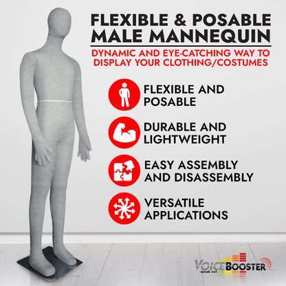 Full Body Male Mannequin by Voicebooster Speak Out - Flexible, Bendable, Poseable Standing Model with Adjustable Arms - Soft Foam Dress Form for Costumes, Clothing Display, Sewing - Grey