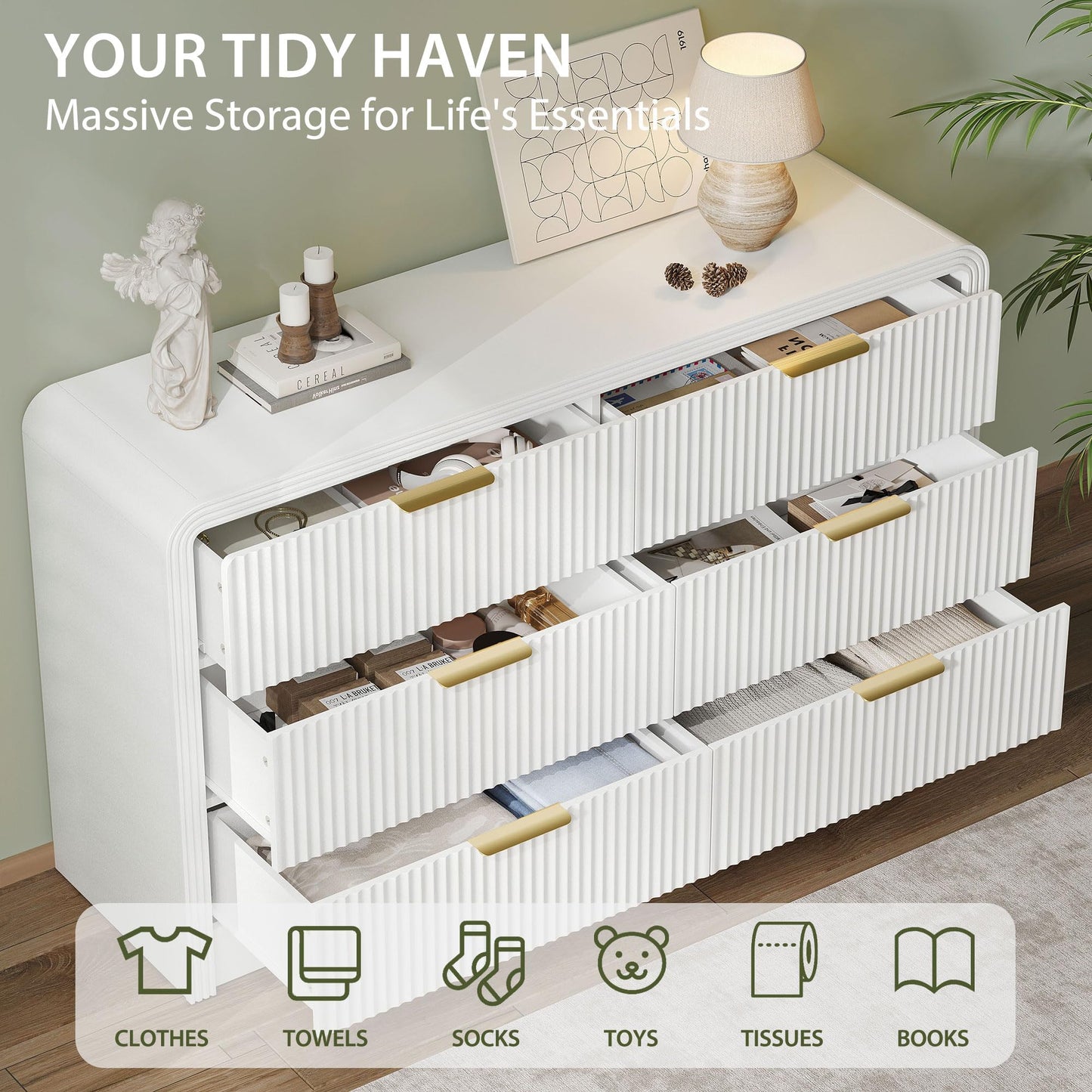 Decofy Fluted Drawers Dresser for Bedroom, Wood Dressers with Gold Handles, Modern Dressers with Wave Texture, Large Storage Chest of Drawers, Bedroom Dresser Organizer 55'' & 6 Drawers (Pure White)