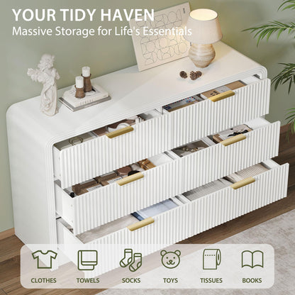 Decofy Fluted Drawers Dresser for Bedroom, Wood Dressers with Gold Handles, Modern Dressers with Wave Texture, Large Storage Chest of Drawers, Bedroom Dresser Organizer 55'' & 6 Drawers (Pure White)