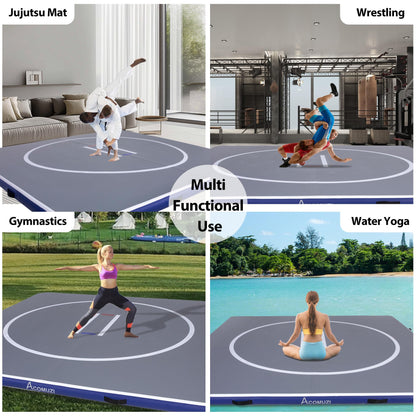 ACOMUZI Inflatable Wrestling Mat 13FT/10FT/5FT, Portable Jiu Jitsu Mats Wrestling Mat for Home, Outdoor or Indoor Training Mat for Water Yoga, Gymnastics, BJJ, MMA (Gray+Blue, 13FTx13FT×4inch)