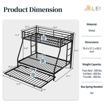SUNLEI Twin Over Full Bunk Beds with Trundle, Heavy Duty Metal Triple Bunk Bed Frame, 3 Beds Space Saving Bunk Bed with Guardrails & Ladder, No Box Spring Needed, for Kids Teens Adults Bedroom, Black