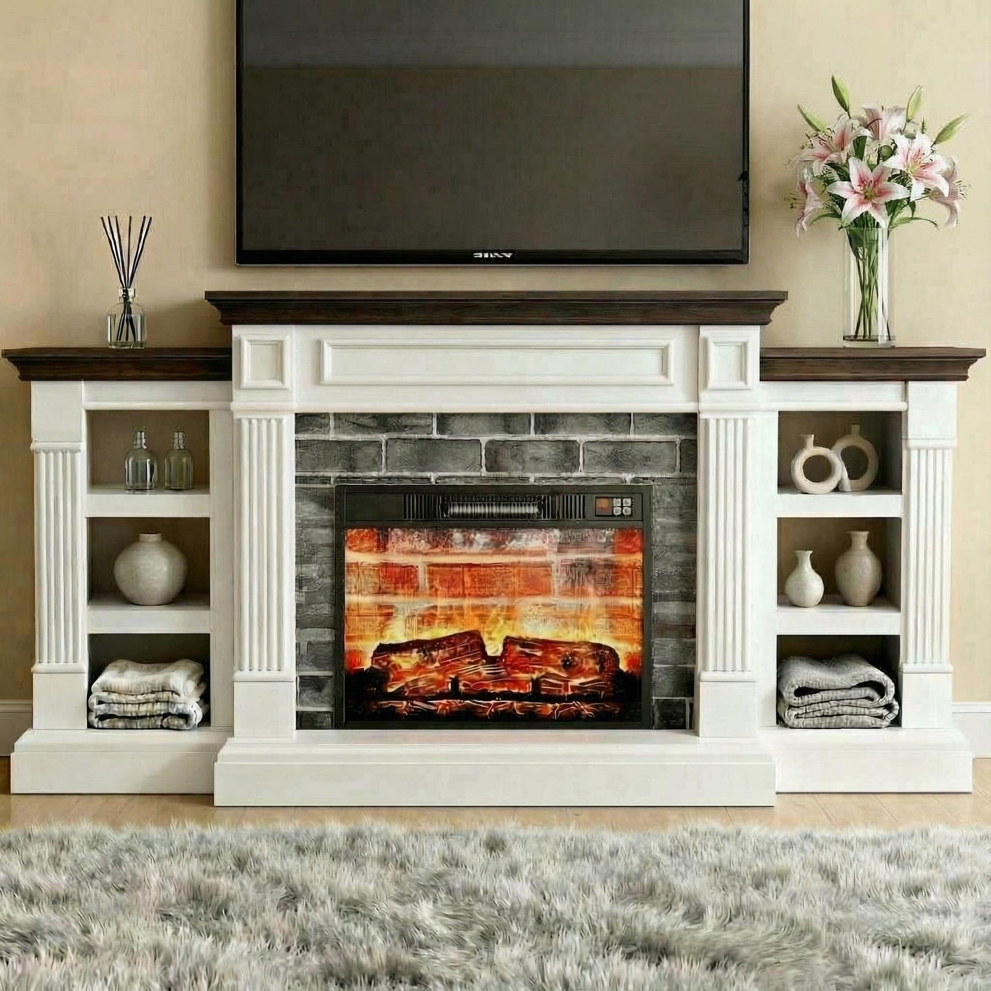 GarveeLife 71 Inch Electric Fireplace with Mantel, Fireplace TV Stand for TVs Up to 80 Inch, Modern Entertainment Center with Storage, Stacked Stone Surround with Remote Control 3D Flame, White