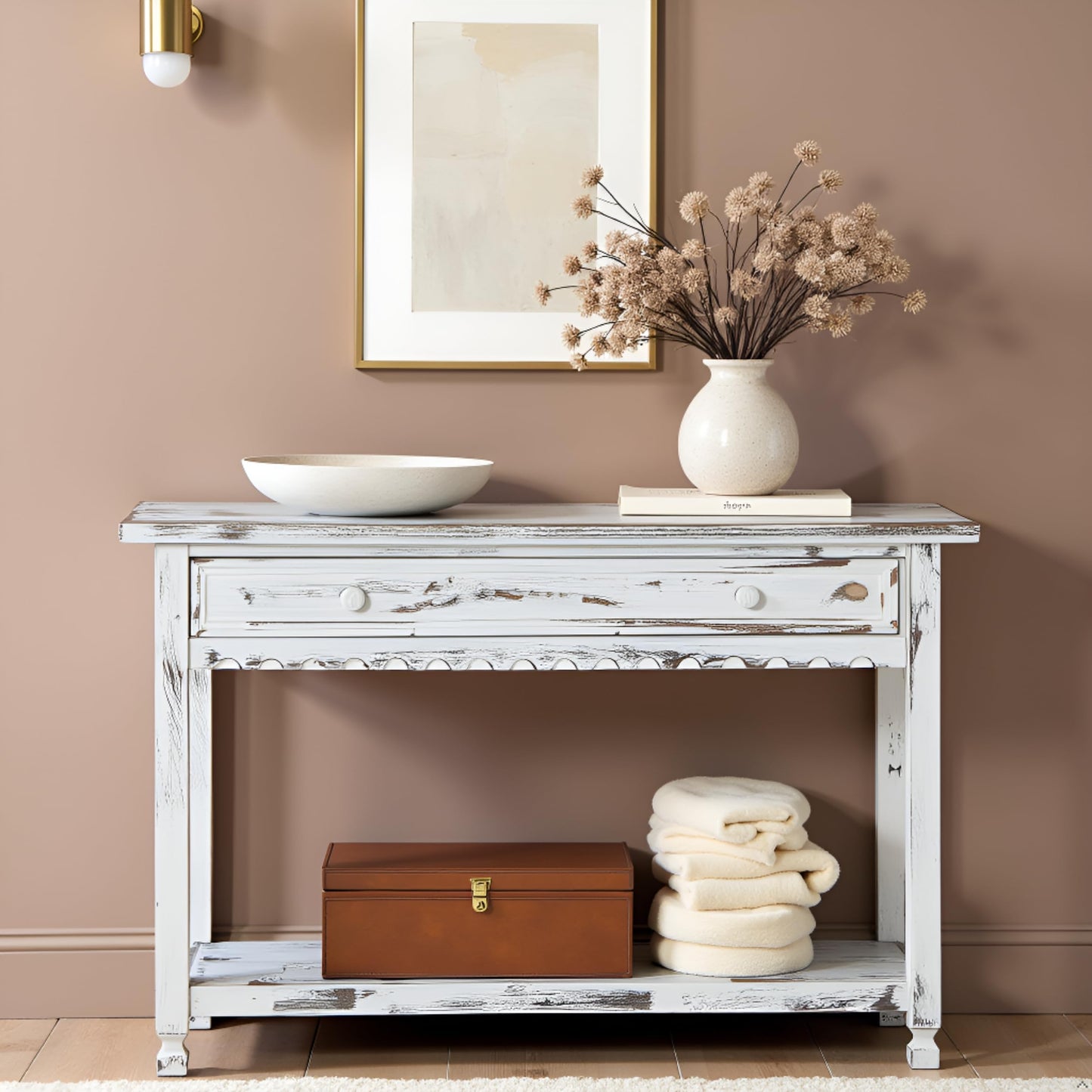 Alaterre Furniture Rustic Country Cottage Console Table with 1 Drawer & 1 Shelf, Distressed Finish - Perfect for Living Room, Entryway, Hallway
