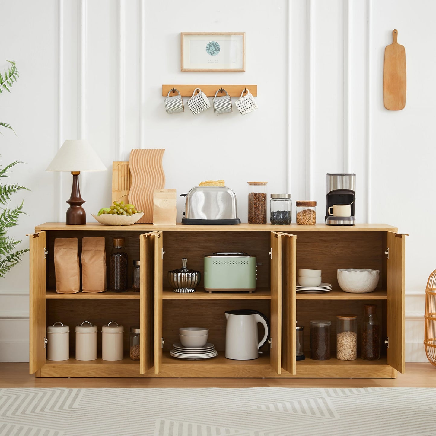 Ball & Cast 67" Modern Fluted Sideboard Buffet Cabinet with Storage,Curved Design Kitchen Coffee Bar Cabinet with 6 Doors & Shelves,Wood Credenza Cabinets Media Console for Living Room,Natural