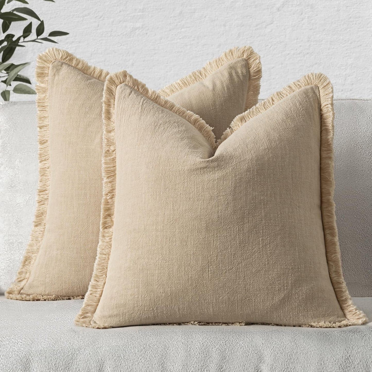 MIULEE Christmas Decorative Throw Pillow Covers Neutral Linen Fringe Fall Throw Pillows Set of 2 Natural Beige Boho Farmhouse Cushion Covers with Tassels for Couch Sofa Bed Home Decor 20x20 Inch