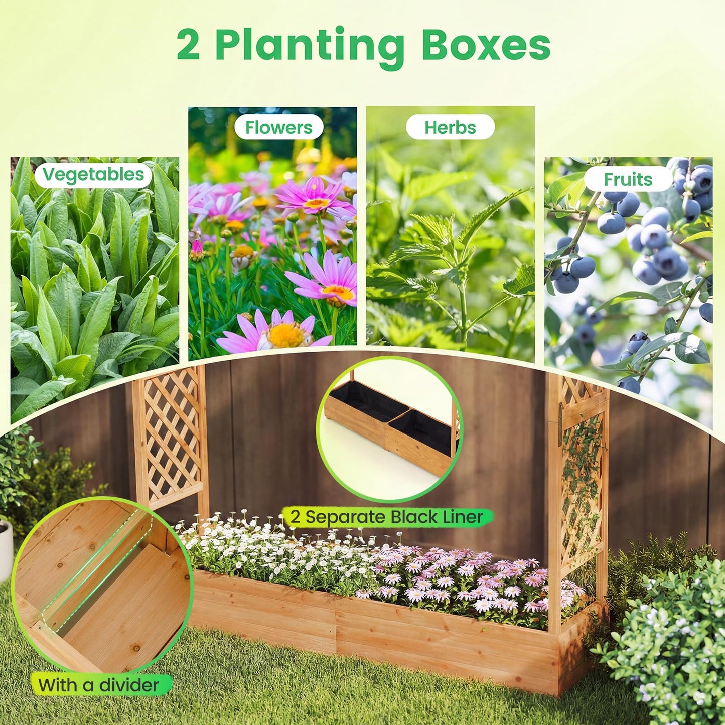 Giantex Set of 2 Raised Garden Bed with Trellis & Hanging Roof, Wood Planter Box with Bottom and Drainage Holes, Freestanding Garden Planter for Flower Vegetable Fruit Herb Climbing Vines, 77"x17"x70"
