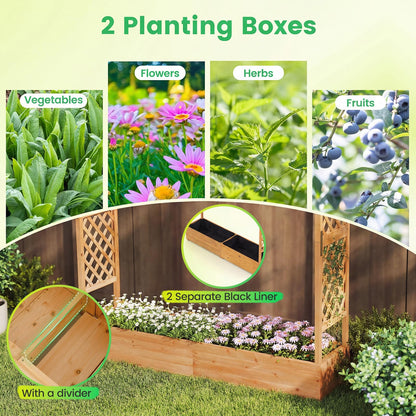 Giantex Set of 2 Raised Garden Bed with Trellis & Hanging Roof, Wood Planter Box with Bottom and Drainage Holes, Freestanding Garden Planter for Flower Vegetable Fruit Herb Climbing Vines, 77"x17"x70"
