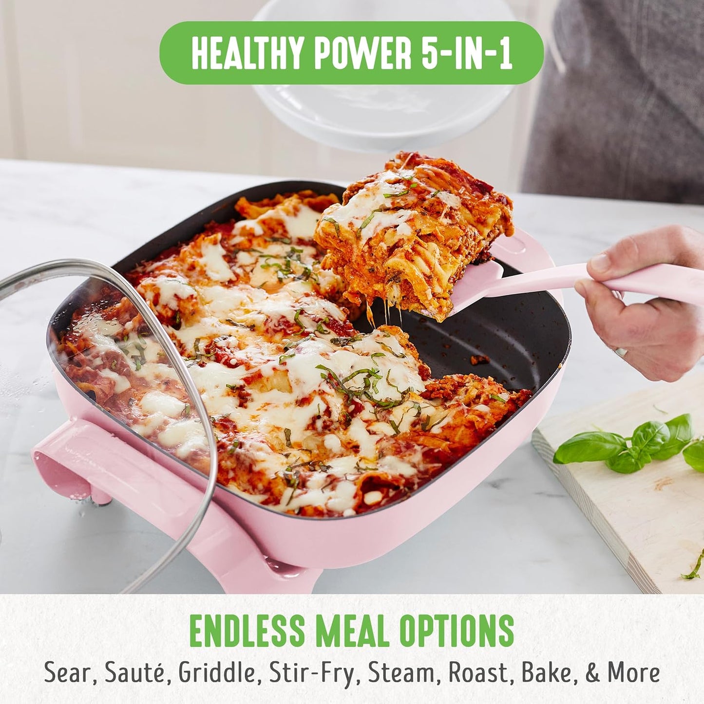 GreenLife 12" 5QT Square Electric Skillet – Glass Vented Lid, Ceramic PFAS-Free Nonstick, Adjustable Temperature