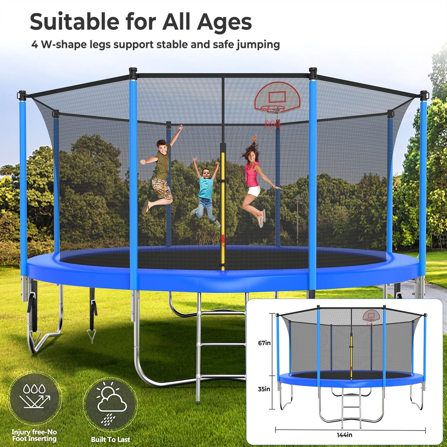 Upgraded 16FT 15FT 14FT 12FT 10FT 8FT Trampoline Outdoor with Basketball Hoop and Net, Capacity for 4-6 Kids and Adults