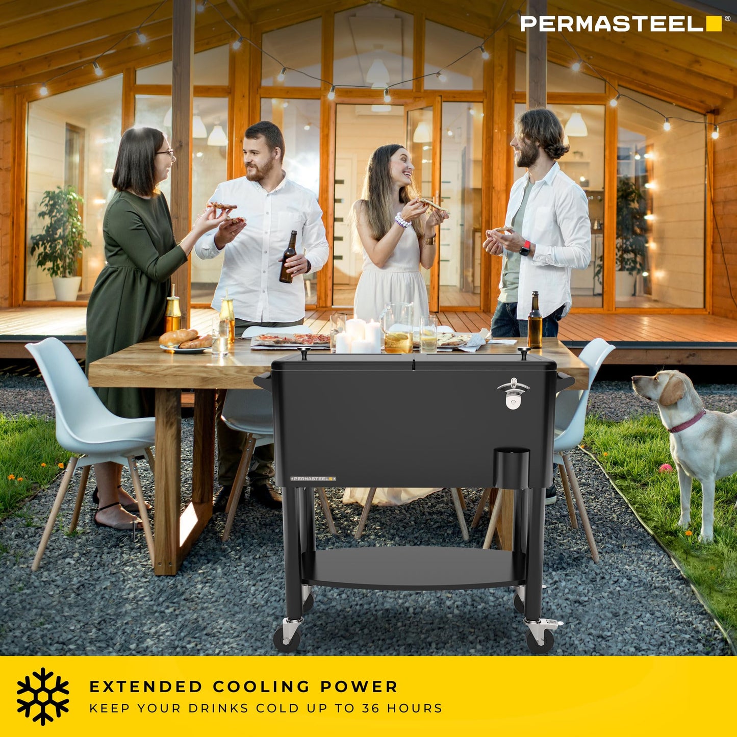 Permasteel Party Cooler with Divider, Spacious 80-Qt Capacity, Chills 36hrs, Serving Tray, Rolling Ice Chest for Indoor and Outdoor Entertainment, Black