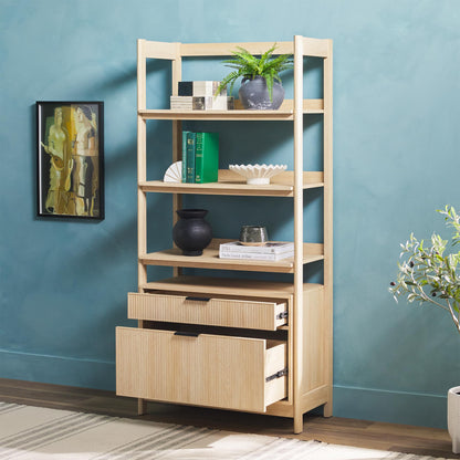Walker Edison Transitional Open Reeded 4-Shelf Bookshelf with Drawers on Bottom, Versatile Bookcase with Bottom Storage for Home Office, Living Room, Bedroom, 33”W x 16.75”D x 70”H, Coastal Oak
