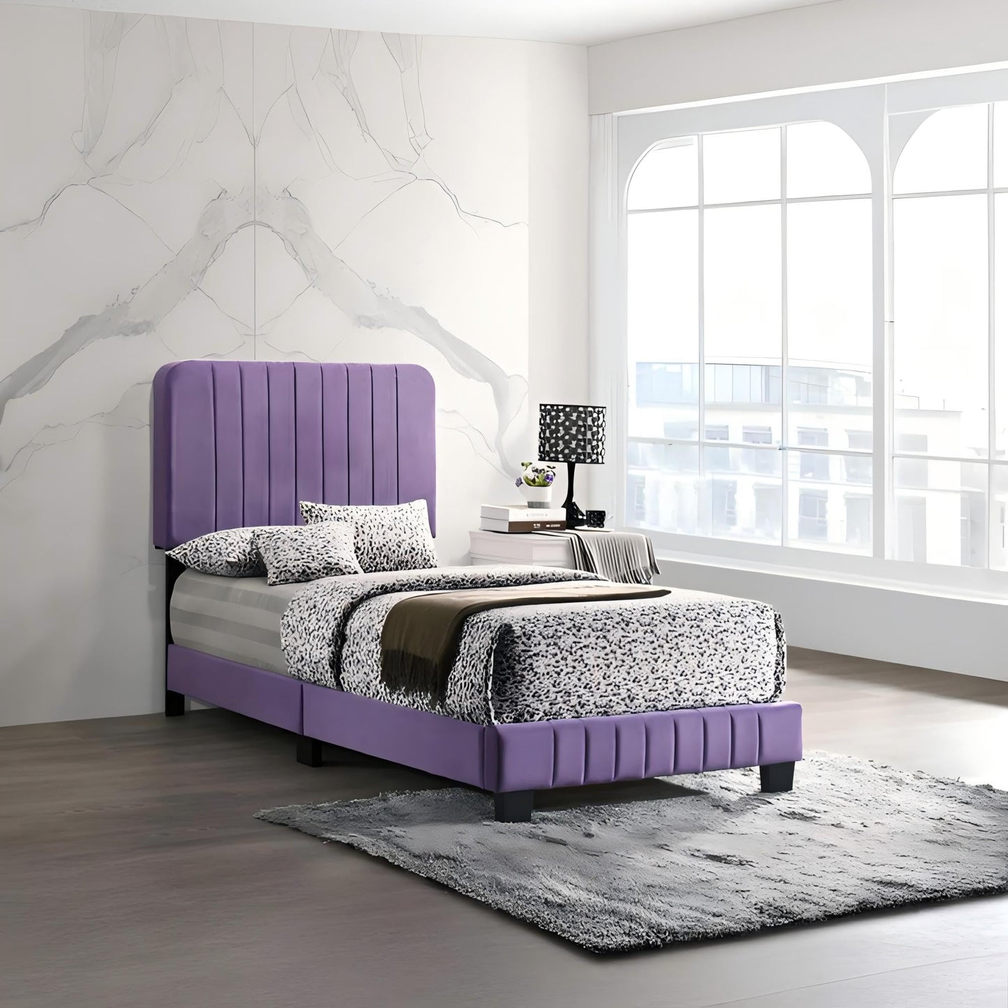 GDFStudio Contemporary Velvet Twin Size Bed with Channel Tufted Headboard, Modern Comfort Platform Bed with Wood Frame & Legs, Box Spring Required, Easy Assembly for Cozy Bedrooms,48" H Purple