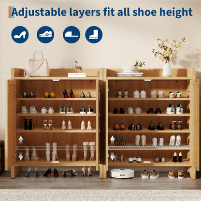 MERXENG Rattan Shoe Cabinet for Entryway, Wooden Shoe Storage Cabinet with Adjustable Shelves, Freestanding Shoe Rack with Guardrail Top for Hallway & Living Room, Dark Oak