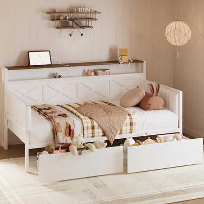 IRONCK Twin Size Daybed with Storage Drawers, Sturdy Metal Bed Frame with X-Shaped Headboard and Charging Station, Upholstered Farmhouse Daybed for Living Room, Bedroom, and Guest Room, White/Walnut