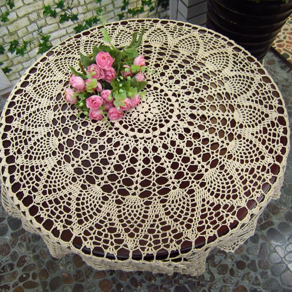 KEPSWET 36 inch Round Sunflower Beige Handmade Crochet Lace Tablecloth Doily
