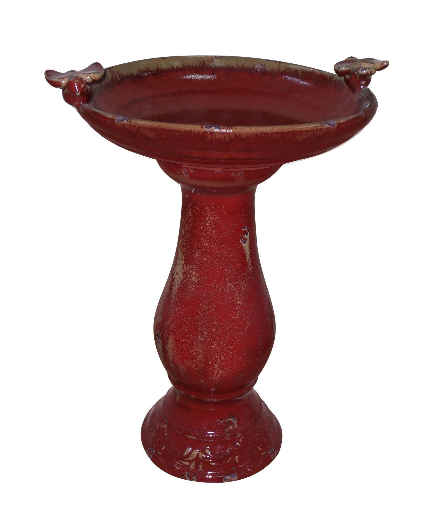Alpine Corporation 25" Tall Outdoor Ceramic Antique Pedestal Birdbath Bundle with Red and Turquoise Bird Figurines