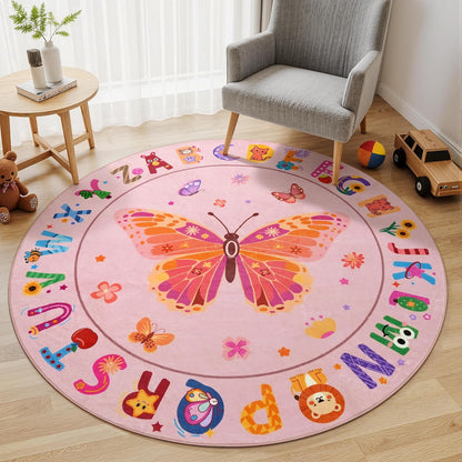 4ft ABC Kids Alphabet Round Rug Washable Soft Circle Nursery Rug, Non-Slip Educational Carpet with Pink Butterfly