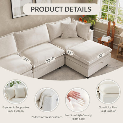 Attalee 113.4'' Modular Sectional Couches for Living Room with Storage Ottoman, Modern Comfy Deep Seat Sleeper Upholstered Cloud Couch Sofa, Oversized 4-Seat L Shaped Couch with Throw Pillows, Beige