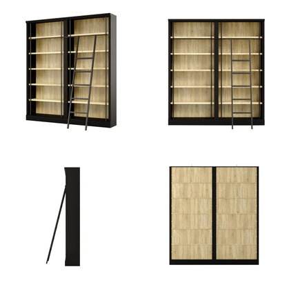 Homsee Traditional 86.6-inch Tall Bookcase Wall with Ladder, 6-Tier Office Bookshelf Storage Organizer, Display Shelf Unit for Home Office, Living Room, Black & Wood Grain