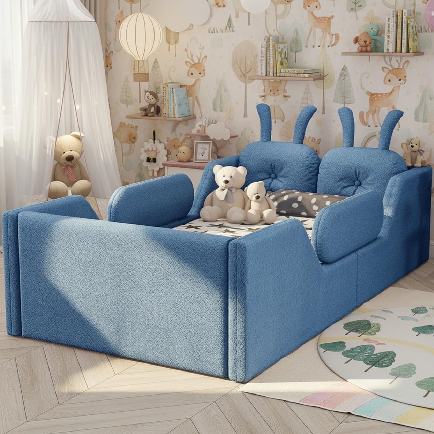 KEIKI Twin Size Upholstered Platform Bed, Kids Floor Bed Frame with Rabbit Shaped Cushion, Cute Bed Frames Twin for Boys Girls, Safety Rails & Wooden Slat, No Box Spring Required, Easy Assembly, Blue